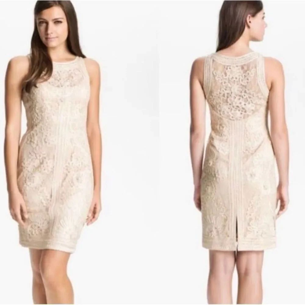 Sue Wong Nocturne women’s sleeveless champagne lace dress, size 4